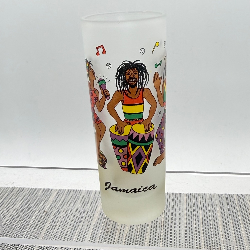 Jamaica Frosted Glass Shooter Shot Glass Souvenir Caribbean Musicians Dancers